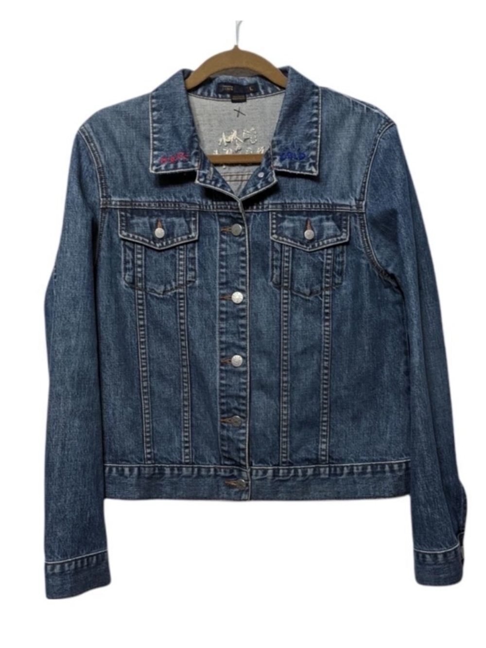 J. CREW Embroidered Girl Power Denim Jacket L